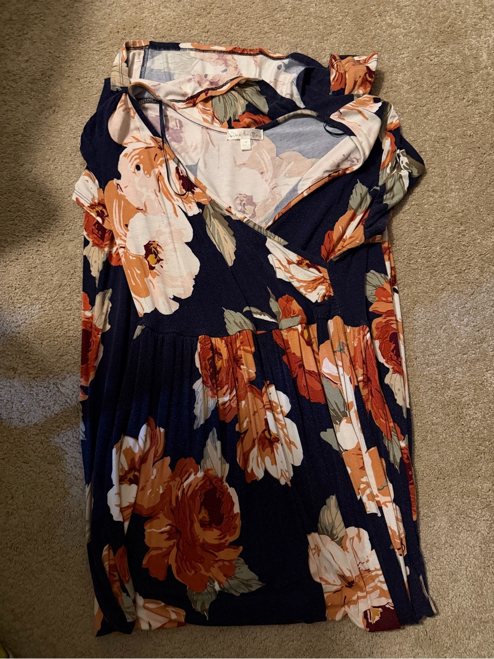 Navy Floral Wrap Long Dress with Rust & Cream Blooms